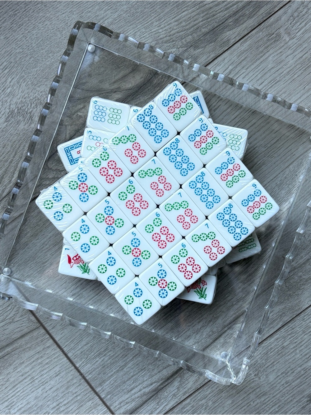 Mahjong Tile Set Engraved White Tiles with Blue, Green, Red